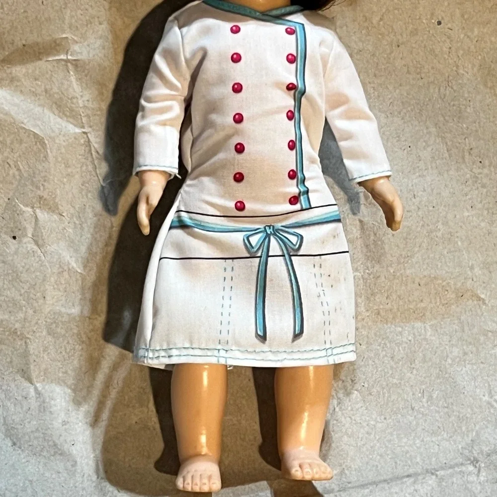Vintage 8 Inch Brunette Doll White Chef Dress Pink Buttons Sleep Eyes Retro
